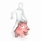 Abstract white man holds rides on piggy bank