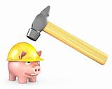Piggy bank in yellow helmet under large hammer