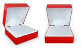 Red rectangular ring box, two views