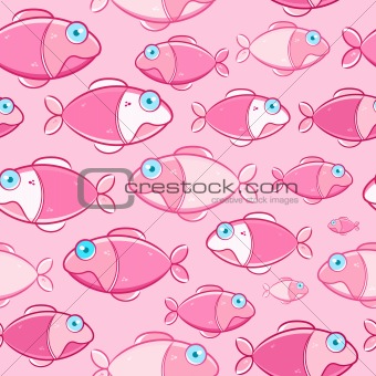 Red Fishes with Cyan Eyes Seamless Pattern. Vector Illustration of Marine Life