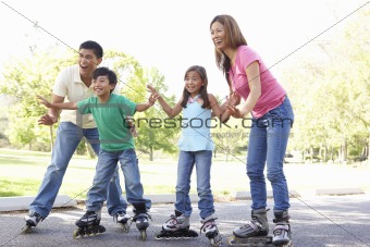 Family Putting On In Line Skates In Park