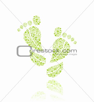 Go Green Eco Pattern in Foot Silhouette on white backdrop - bulb, leaf, globe, apple, house, trash. Ecology concept.