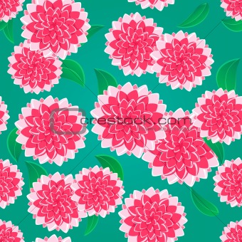 Bright Pink Flower Seamless Pattern on Green Background. Floral Illustration
