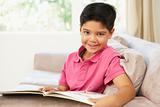 Young Boy Reading Book At Home