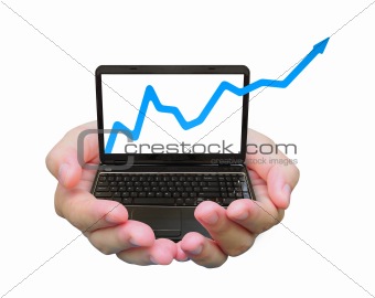 business graph and laptop PC on women hand
