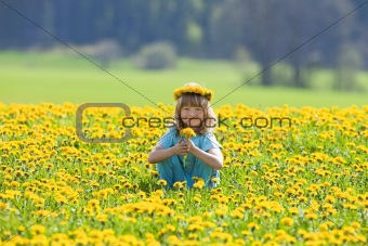 boy with long blond hair picking dandelions in a field smiling