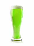 green beer with a foamy head on a white background