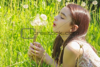 Little Girl Busy Blowing Dandelion Seeds In the Park