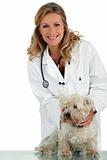 Veterinarian with small white dog