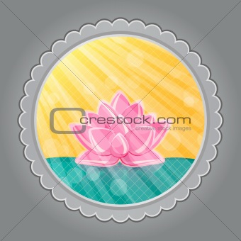 Pink Lotus Flower in Green Water in Round Grey Label. Oriental Invitation Card. Vector Illustration.