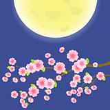 Branch of Sakura Cherry Tree on Blue Sky and Yellow Moon. Japanese Vector Illustration