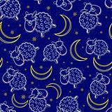 Cute White Sheep Silhouettes and Yellow Moon Seamless Pattern on Dark Blue Background