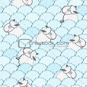 Cute White Sheeps among Clouds Seamless Pattern. Vector Background