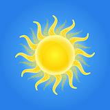 Yellow Shiny Sun Icon with Pattern Ornament on Beams in Blue Sk. Vector