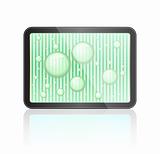 Touch Screen Tablet Computer with Water Drops and Green Striped Background. Vector Illustration