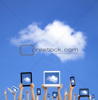 cloud computing concept.hands holding computer laptop smart phone tablet and touch pad