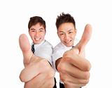 two happy asian businessman with thumbs up