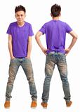 Front and back of asian young man standing isolated on white