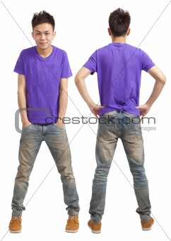 Front and back of asian young man standing isolated on white
