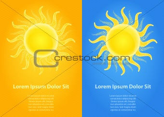 Set of Invintation Card with Yellow Shiny Sun on Blue and Orange Backdrop. Vector