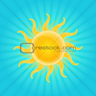 Orange Shiny Sun Icon with Beams in Cyan Sky. Vector