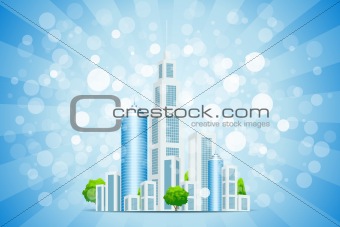 Blue Background with Business City and Rays