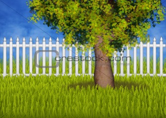 Green summergarden with fence and tree