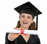 Happy graduation student woman showing diploma