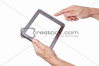 The new tablet in hand on white background