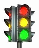 Four sided traffic light with red, yellow and green