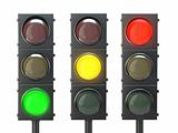 Set of traffic lights with red, yellow and green lights