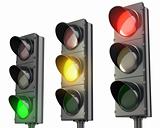 Three traffic lights, red green and yellow