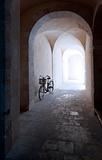 old arcade and bicycle