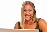 Beautiful Friendly Female Customer Support Phone Operator in Front of a Computer Screen Isolated on a White Background.