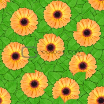 Seamless pattern of orange flowers and leaf
