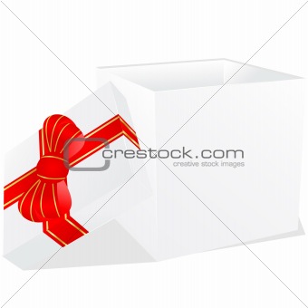 white gift box with red and gold ribbon bow