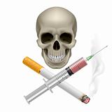 Realistic skull with a cigarette and syringe