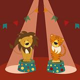 Lion and tiger on pedestals in circus