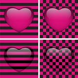 Set of Four Glossy Emo Hearts. Pink and Black Chess and Stripes