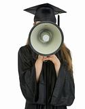 Graduation student speaking megaphone into camera