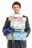 Man holding stack of gift boxes