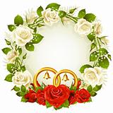 Vector frame with white and red rose and golden wedding rings