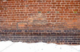 Backdrop of grunge red brick wall and snow winter 