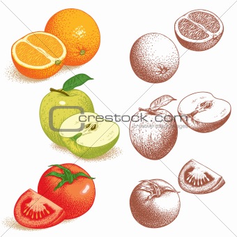 Orange, Apple, Tomato