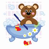 Teddy bear showering in bath, vector.