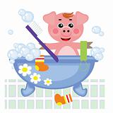 Piggy showering in bath, vector.