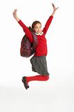 Happy Female Student In Uniform Jumping In Air