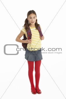 Studio Portrait Of Young Girl With Backpack