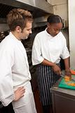 Chef Instructing Trainee In Restaurant Kitchen