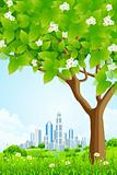 Green Background with Tree and Modern City